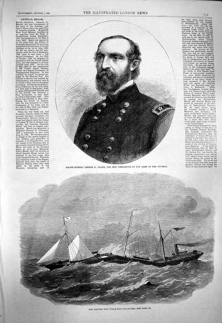 Old Antique Print 1863 Major-General George Meade Potomac Ship Connector 19th