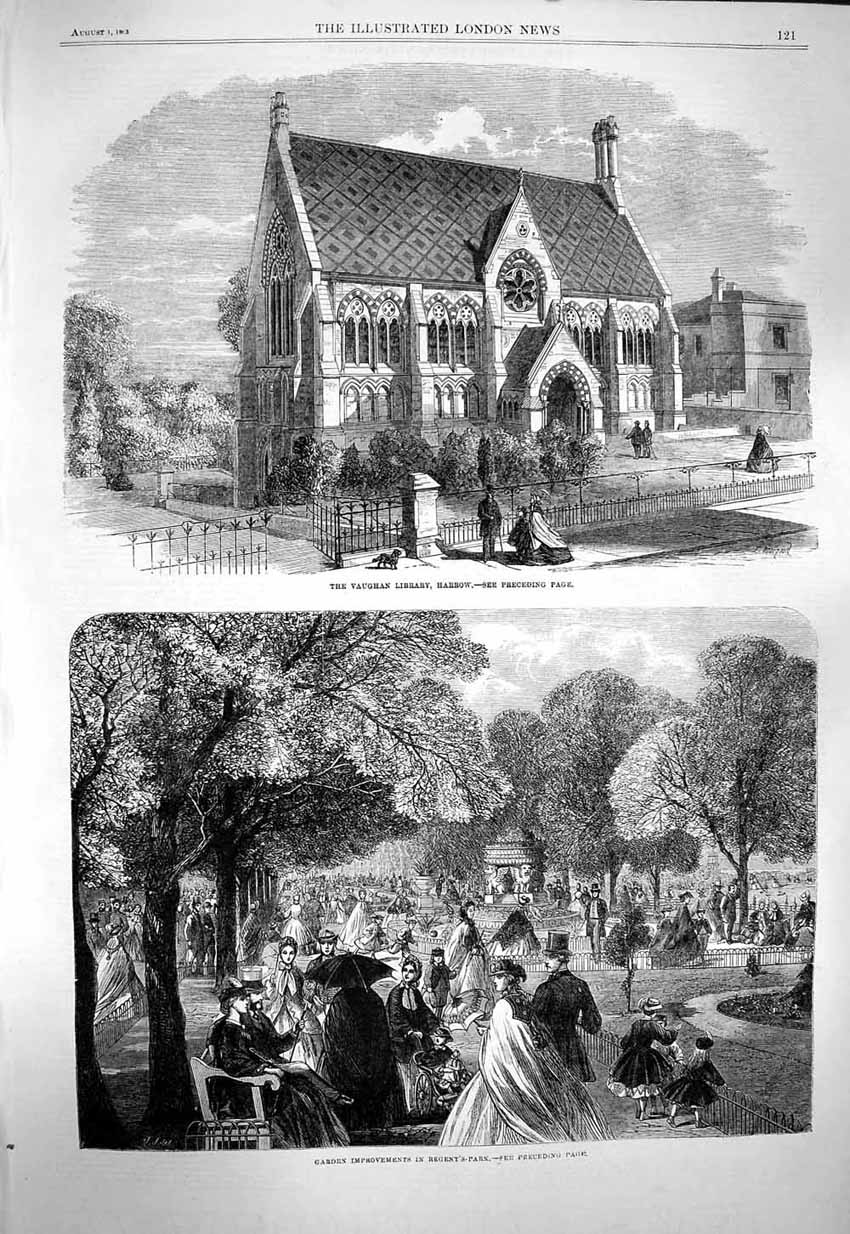Old Antique Print 1863 Vaughan Library Harrow Garden Improvements Regents 19th