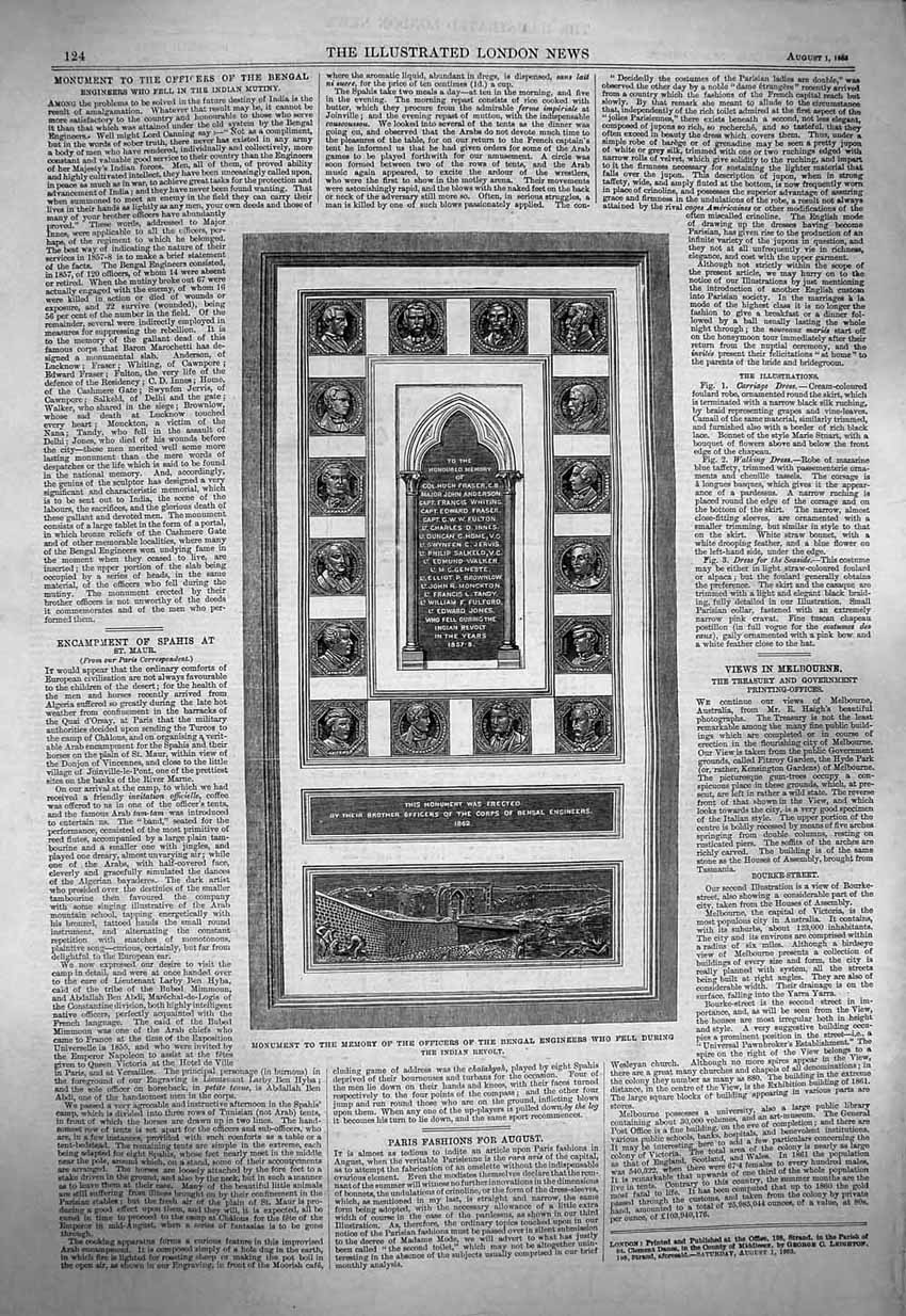 Original Old Antique Print 1863 Monument Memory Officers Bengal Engineer 19th