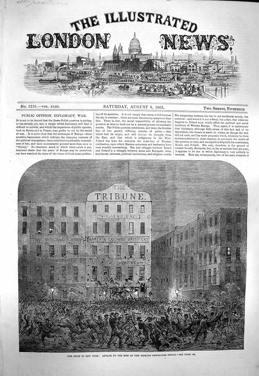 Original Old Antique Print 1863 Riots New York Attack Mob Tribune Newspaper 19th