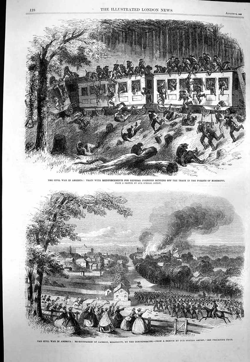 Original Old Antique Print 1863 War America Train General Johnston Mississippi