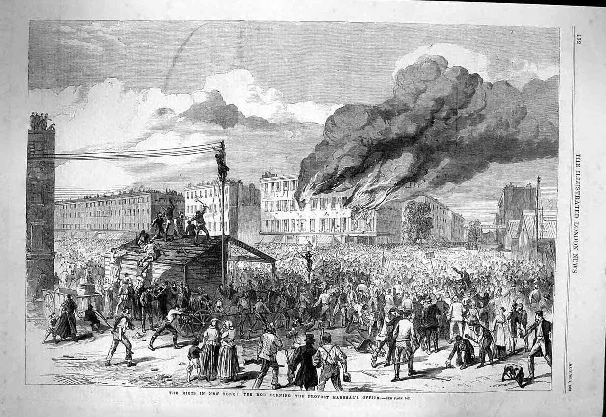 Antique Print *3814 1863 Riots New York Mob Burning Provost Marshal Office