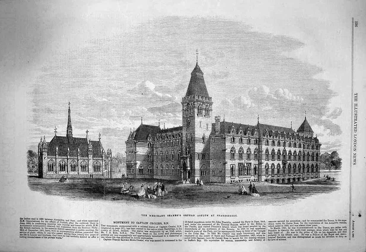 Original Old Antique Print 1863 Merchant Seaman Orphan Asylum Snaresbrook 19th