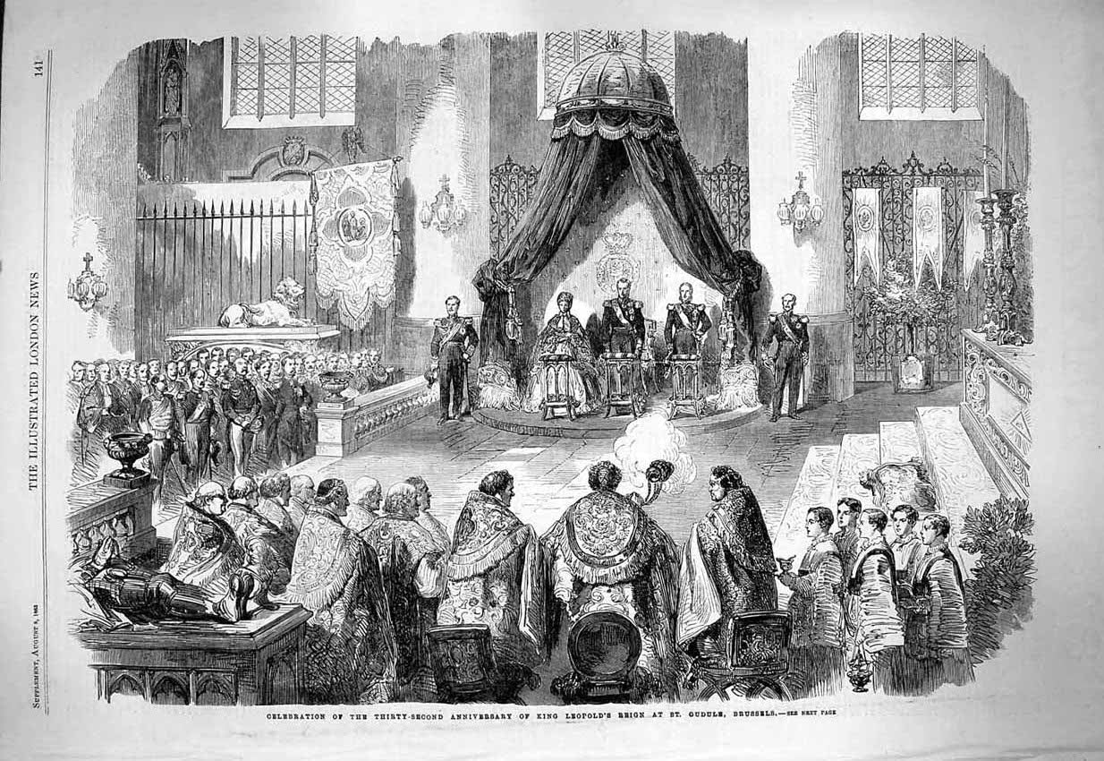 Original Old Antique Print 1863 Anniversary King LeopSt. Gudule Brussels 19th