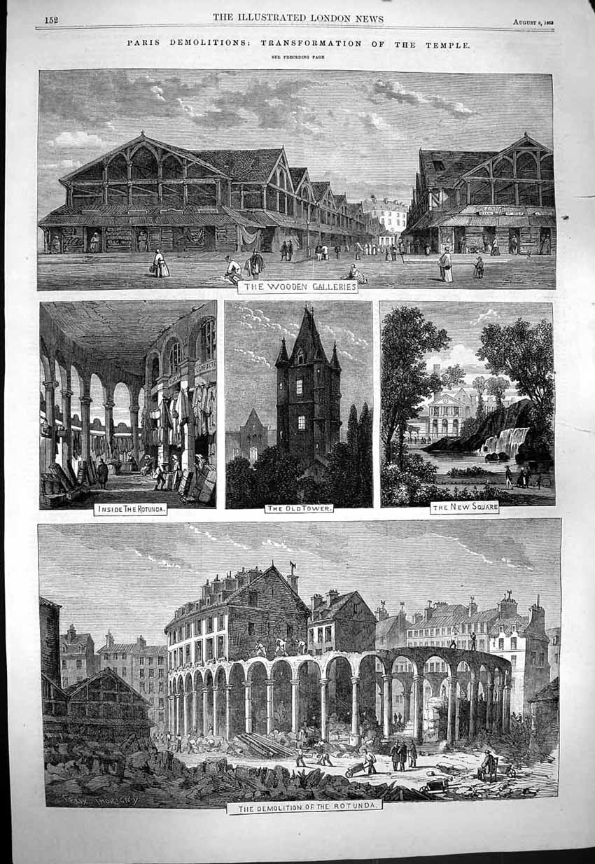 Old Antique Print 1863 Paris Demolition Rotunda Tower New Sqaure Temple 19th