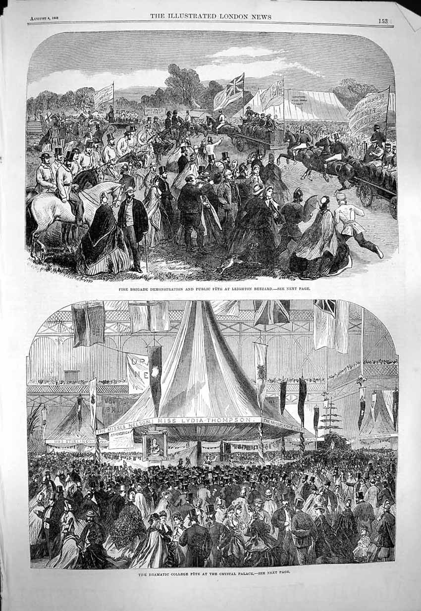 Old Antique Print 1863 Fire Brigade Leighton Buzzard College Fete Crystal 19th
