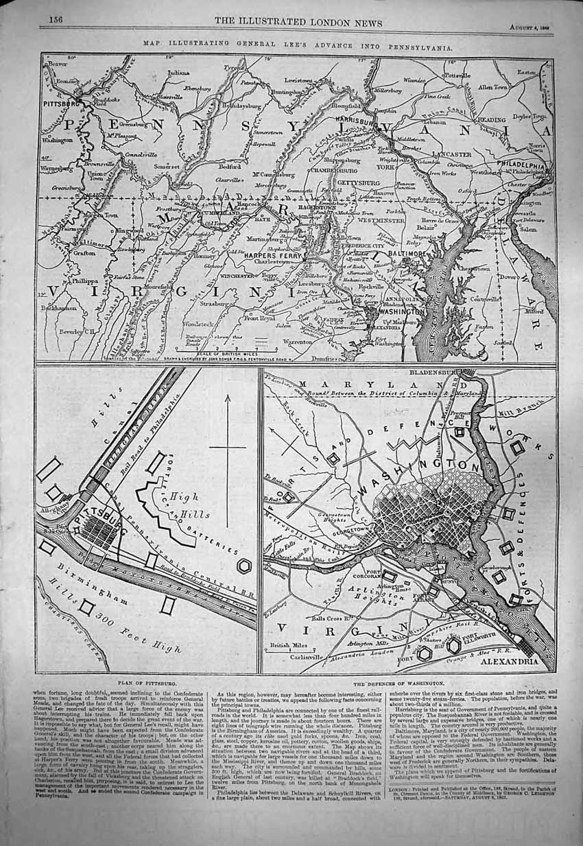 Original Old Antique Print 1863 General Lee Pennsylvania Map Washington Pi 19th