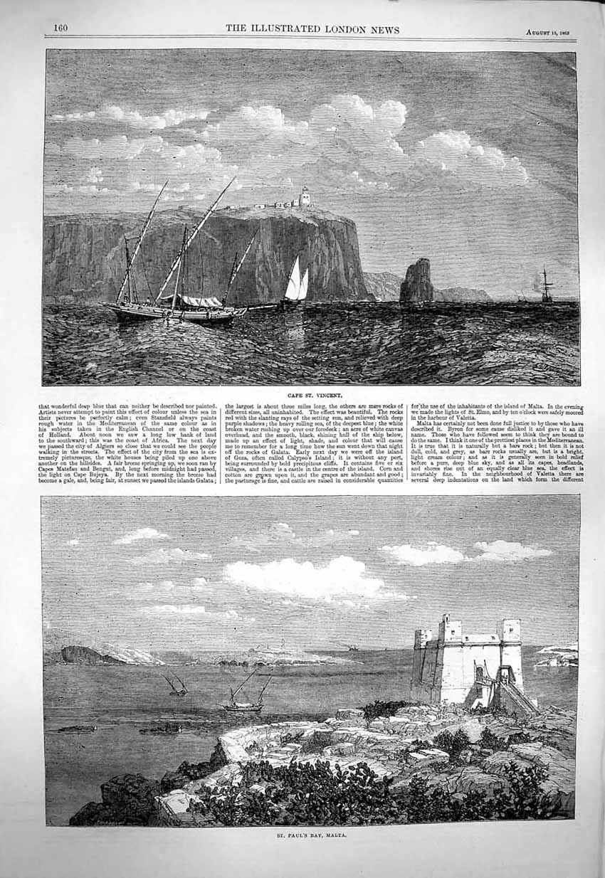 Original Old Antique Print 1863 Cape St. Vincent Paul'S Bay Malta Boat 19th