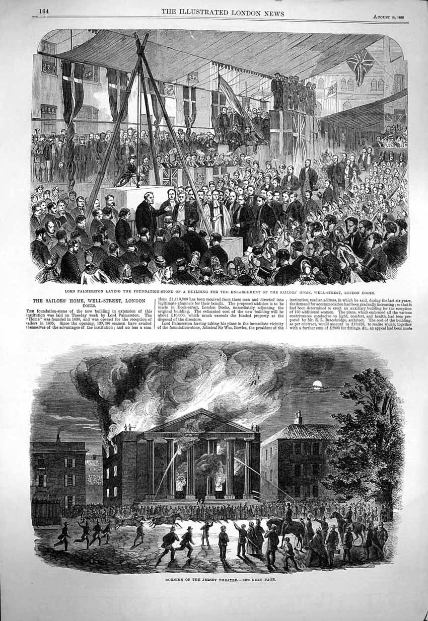 Old Antique Print 1863 Lord Palmerston Sailors Home Fire Jersey Theatre 19th