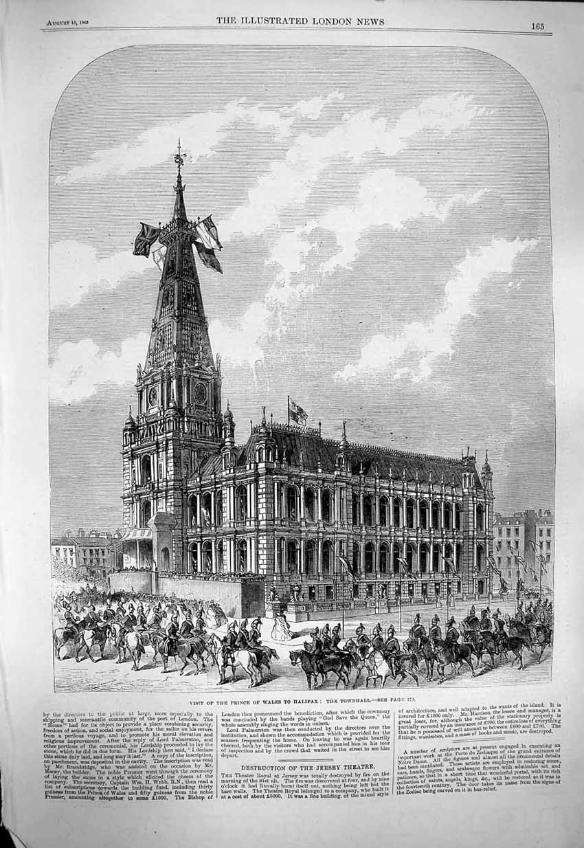 Original Old Antique Print 1863 Prince Wales Halifax Townhall England Victorian