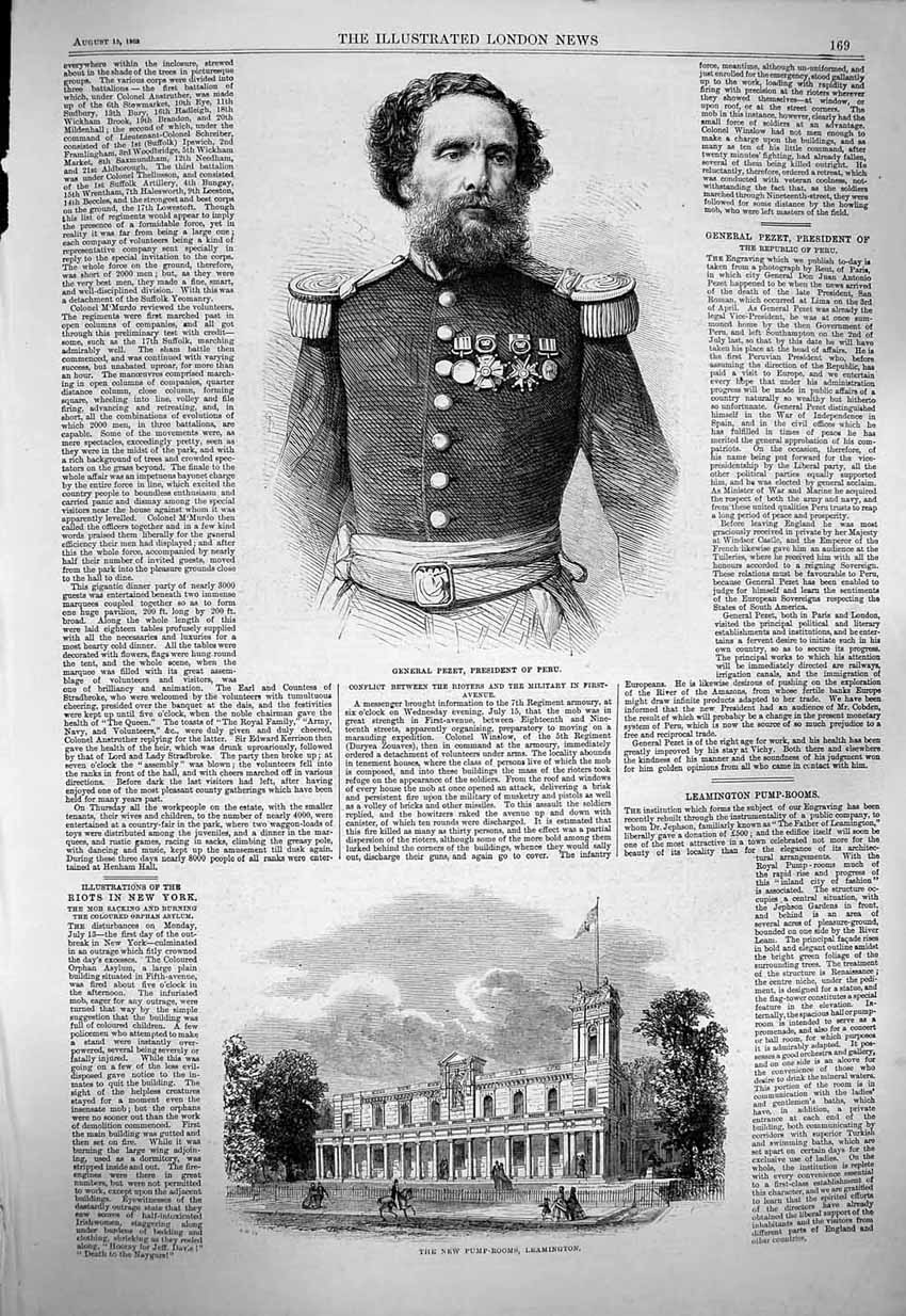 Old Antique Print 1863 General Pezet President Peru Pump-Rooms Leamington 19th