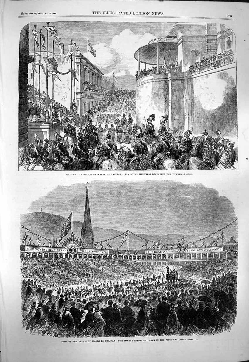 Old Antique Print 1863 Prince Wales Halifax Townhall Sunday School Piece 19th