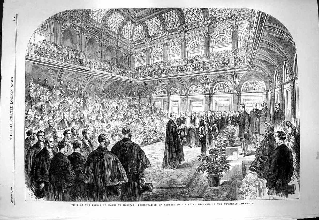 Original Old Antique Print 1863 Prince Wales Halifax Address Highness Townhall