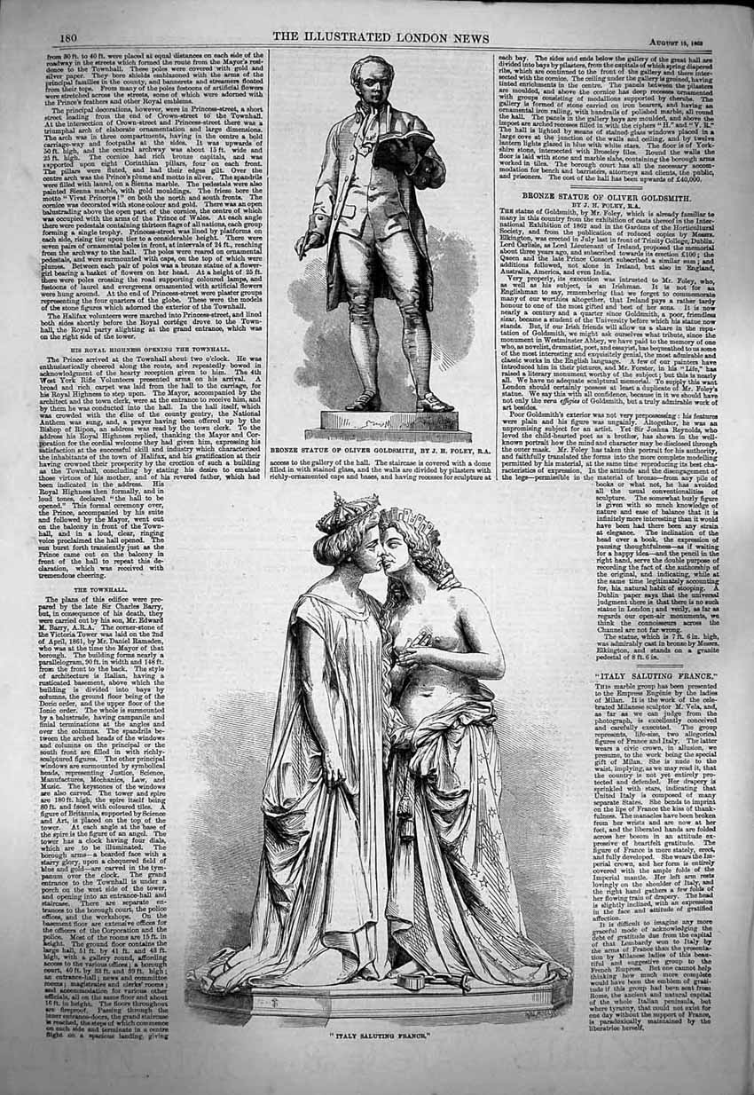Original Old Antique Print 1863 Bronze Statue Oliver Gsmith Italy France 19th