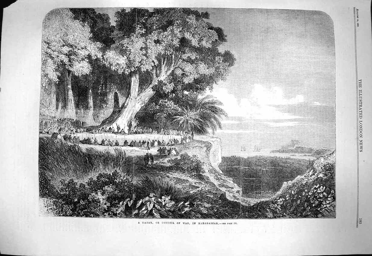 Original Old Antique Print 1863 Kabar Council War Madagascar Natives Victorian