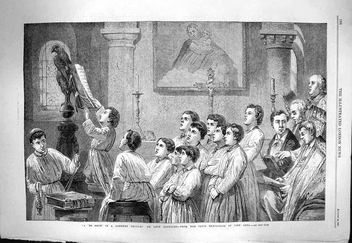 Original Old Antique Print 1863 Te Deum Country Church Children Leon Gauthier