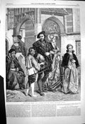 Original Old Antique Print 1863 Church Porch People Sunday Service Koller 19th