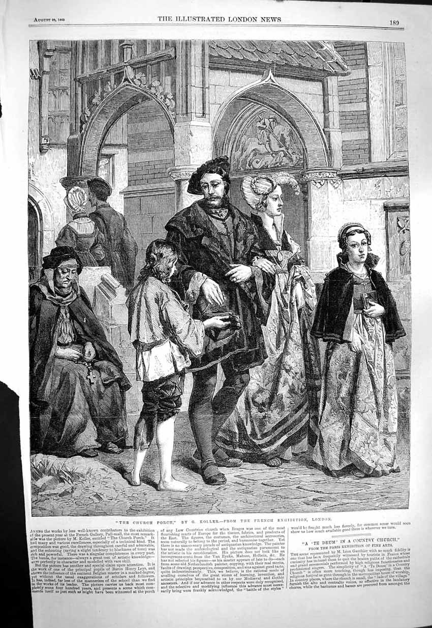 Original Old Antique Print 1863 Church Porch People Sunday Service Koller 19th