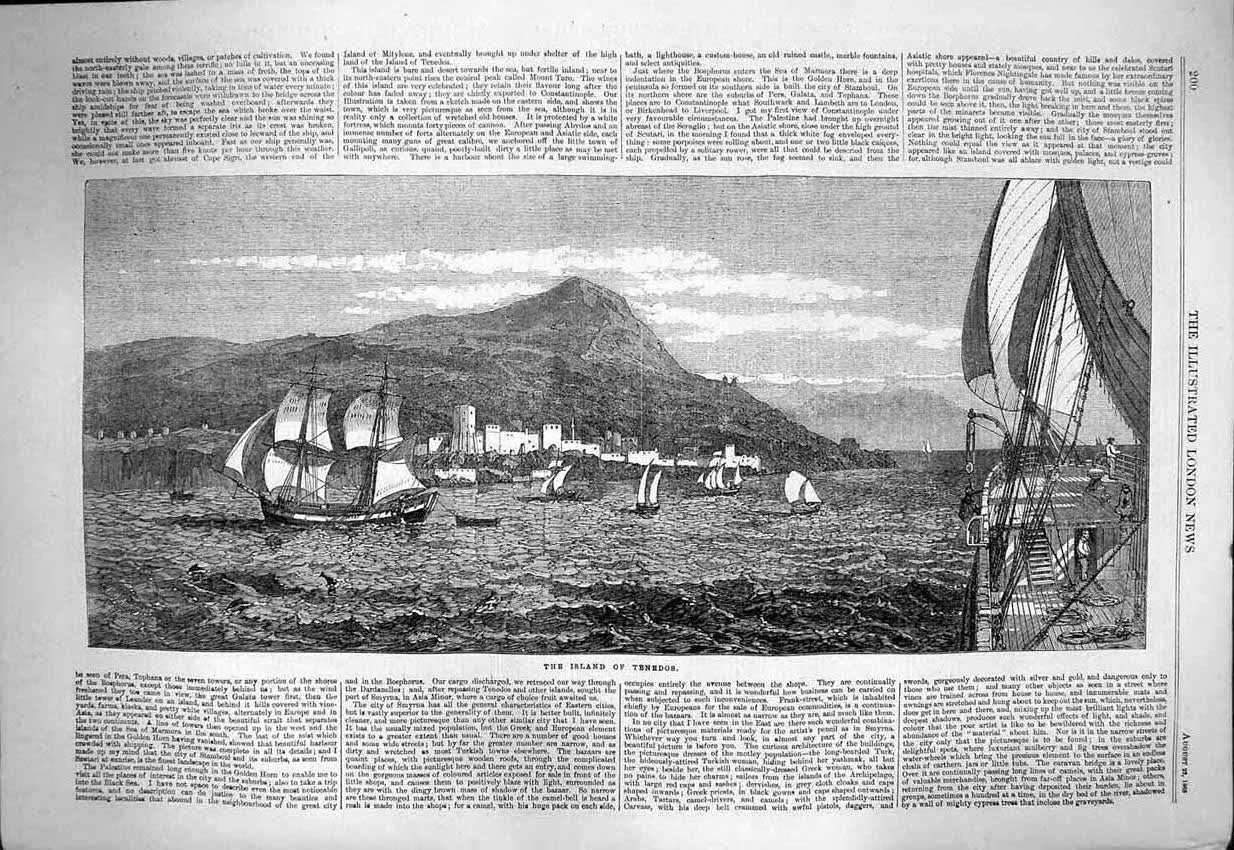 Original Old Antique Print 1863 View Island Tenedos Ships Mo 19th