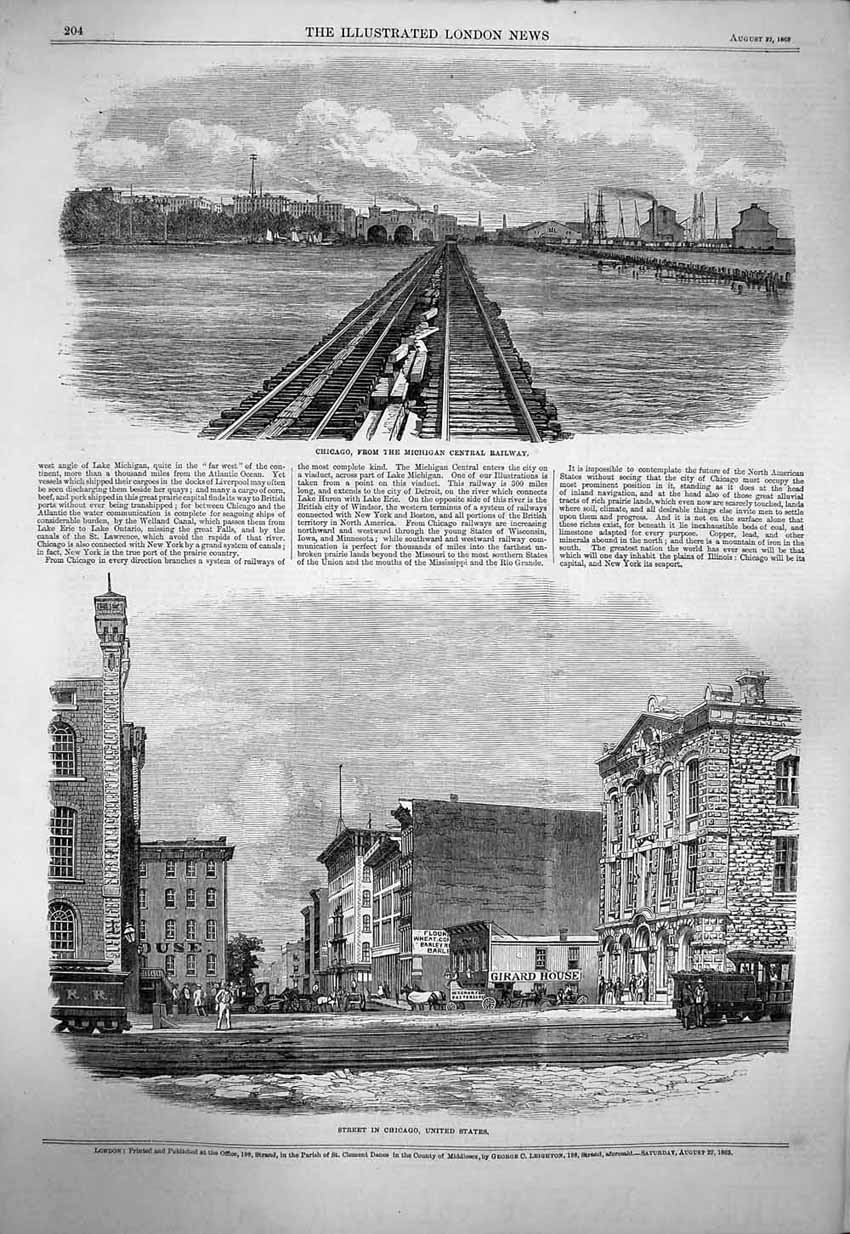 Original Old Antique Print 1863 Chicago Michigan Railway United States America