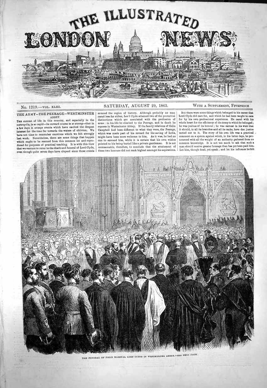 Old Antique Print 1863 Funeral Field Marshal Lord Clyde Westminster Abbey 19th