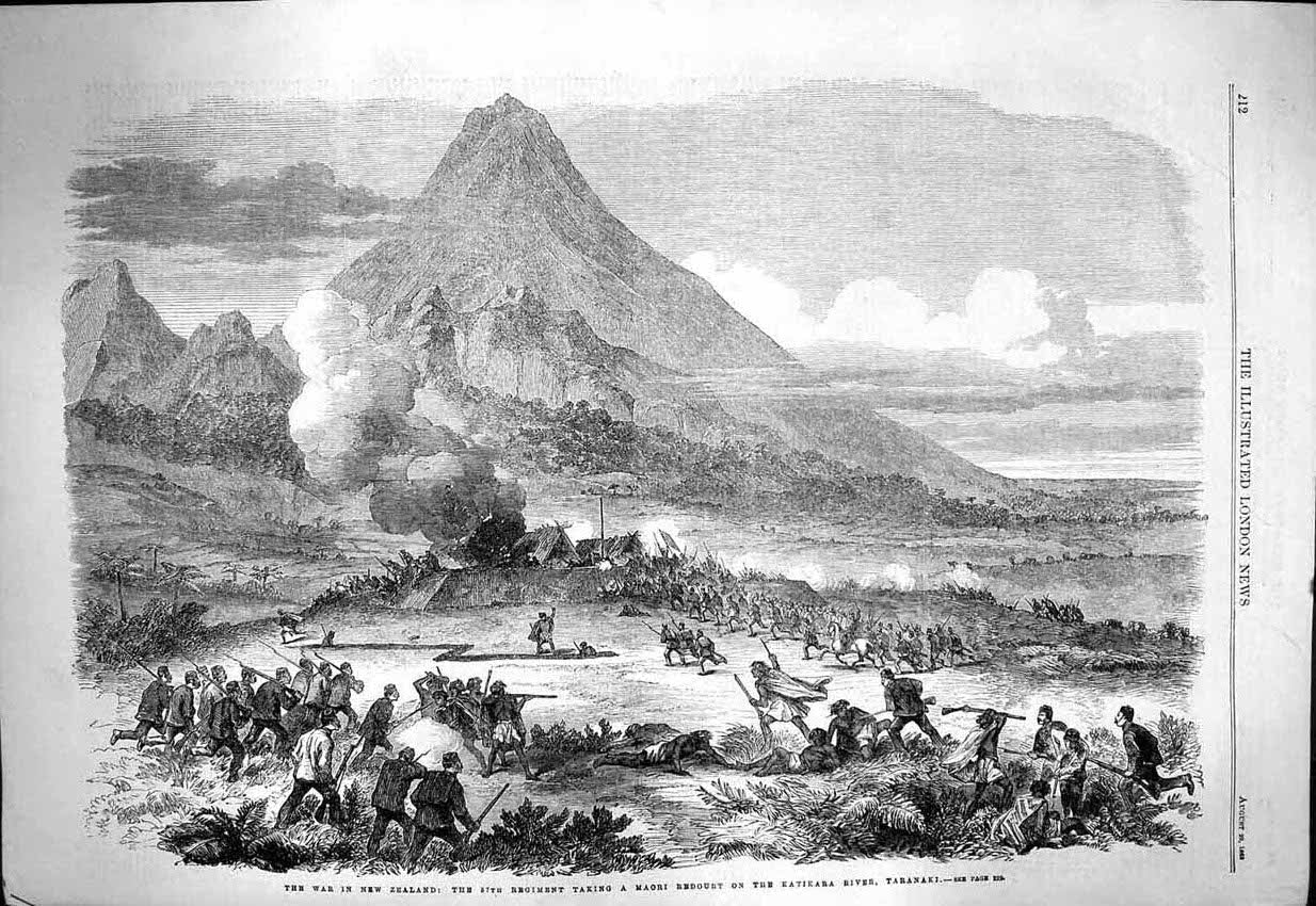 Original Old Antique Print 1863 War New Zealand Maori Redoubt Katikara T 19th