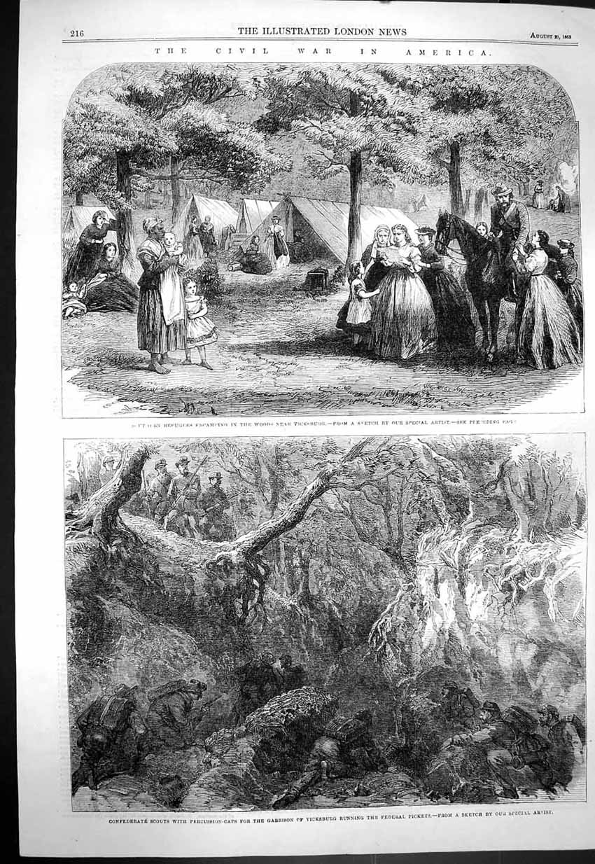 Original Old Antique Print 1863 War America Scouts Garrison Vicksburg Federal