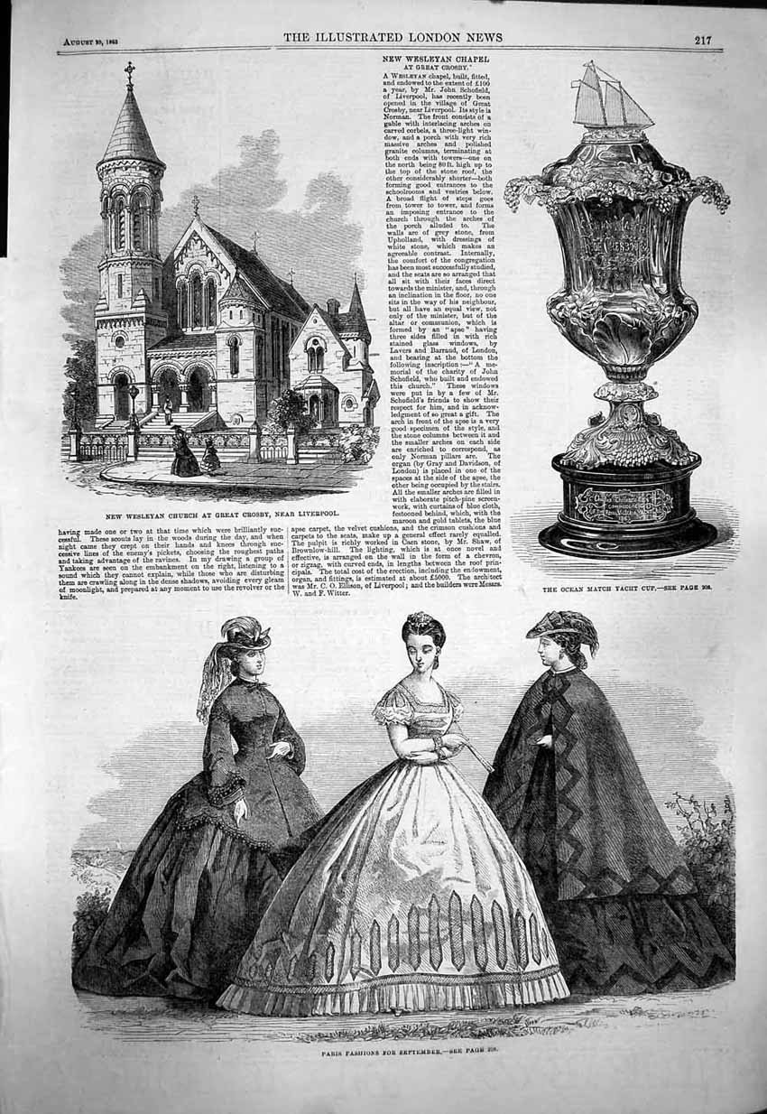 Original Old Antique Print 1863 Paris Fashion Wesleyan Church Crosby Yacht Cup