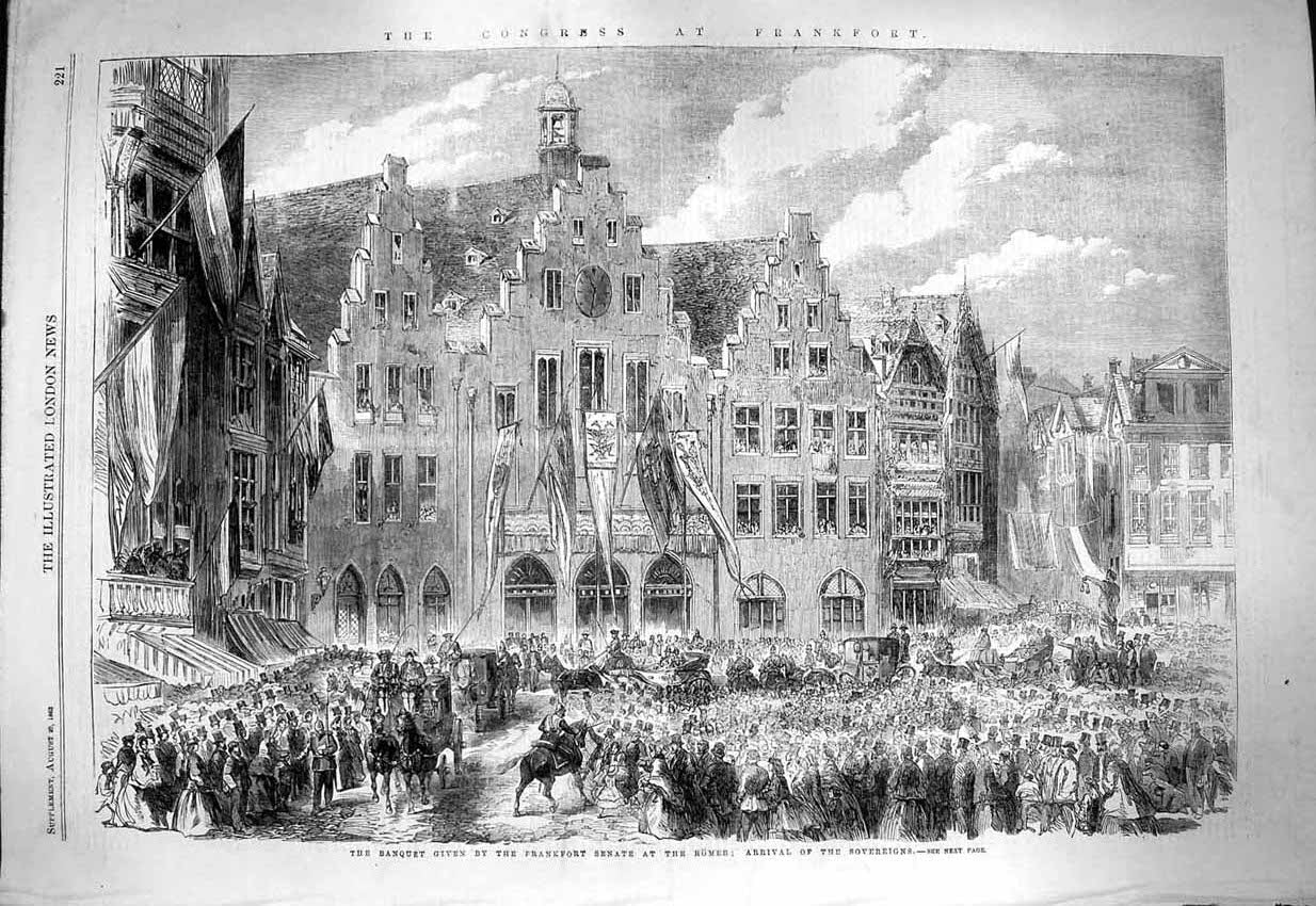 Original Old Antique Print 1863 Banquet Frankfort Senate Romer Archi Victorian