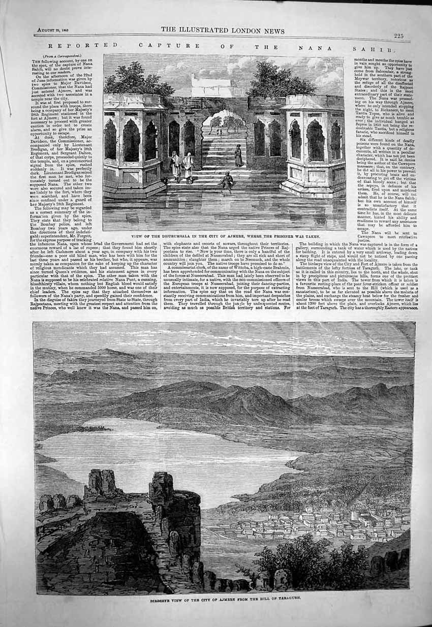Original Old Antique Print 1863 Nana Sahib City Ajmere Hill Taragurh Dhurumsala