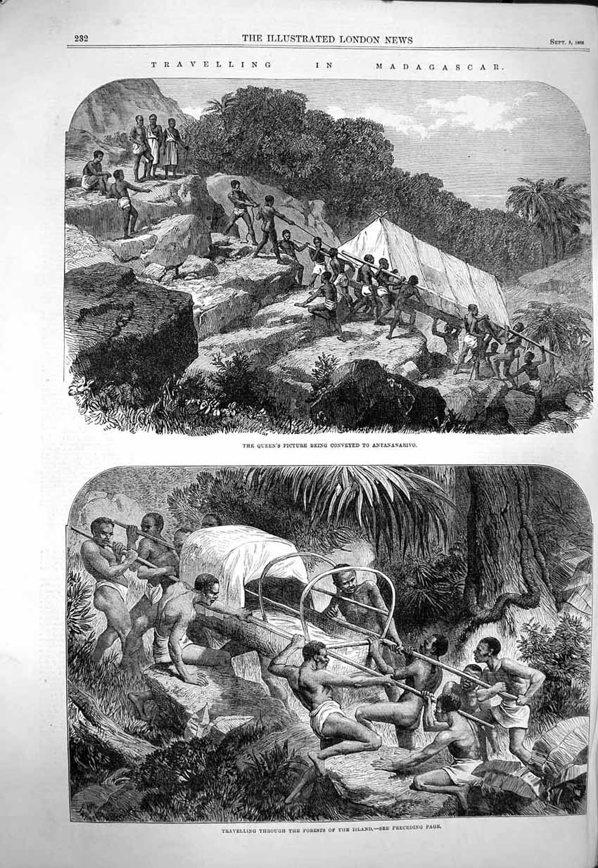 Original Old Antique Print 1863 Madagascar Queen Picture Antananarivo Forests