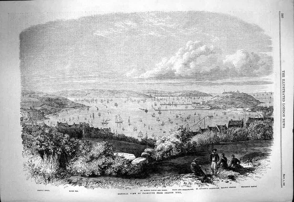 Original Old Antique Print 1863 View Falmouth Beacon Hill Mawe'S Castle 19th
