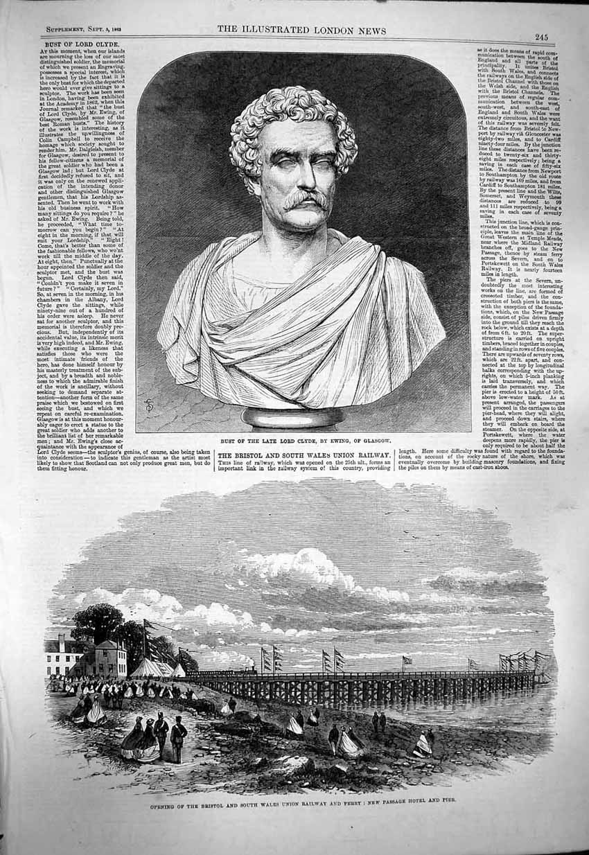 Old Antique Print 1863 Bust Lord Clyde Glasgow Wales Railway Hotel Pier 19th