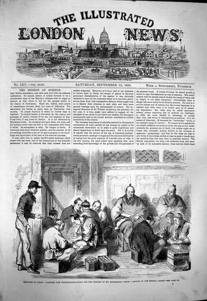 Original Old Antique Print 1863 Japan Compensation Money Murder Richardson 19th