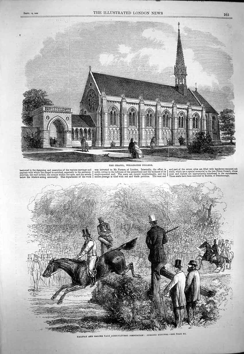 Original Old Antique Print 1863 Chapel Wellington College Halifax Cald Victorian