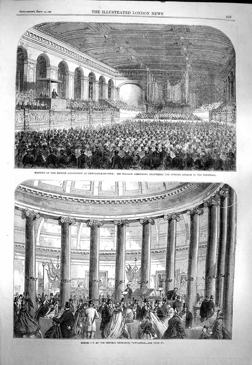 Original Old Antique Print 1863 Newcastle-On-Tyne Armstrong Central Exchange
