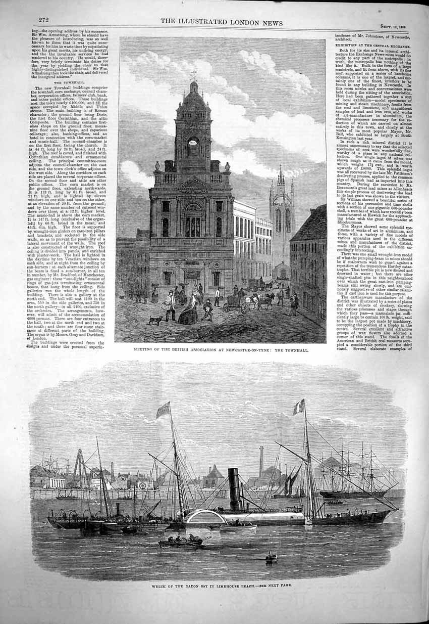 Original Old Antique Print 1863 Ship Wreck Baron Osy Limehouse Reach Newcastle