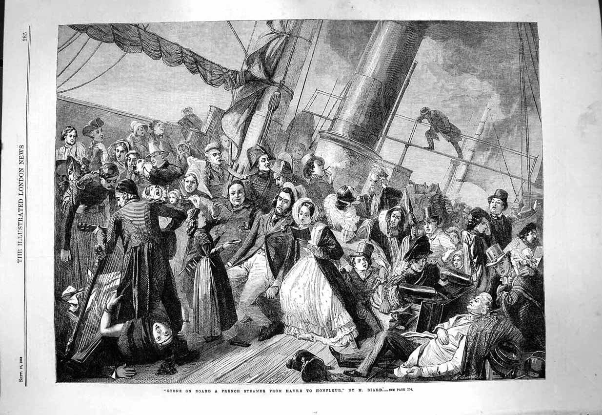 Original Old Antique Print 1863 Scene Board French Steamer Havre Honfleur Ship