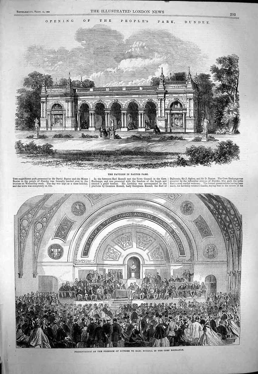Old Antique Print 1863 Pavilion Baxter Park Dundee Earl Russell Exchange 19th