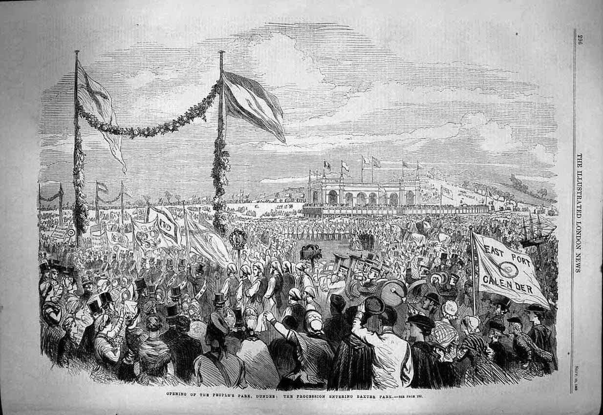 Original Old Antique Print 1863 Peoples Park Dundee Procession Baxter Park 19th