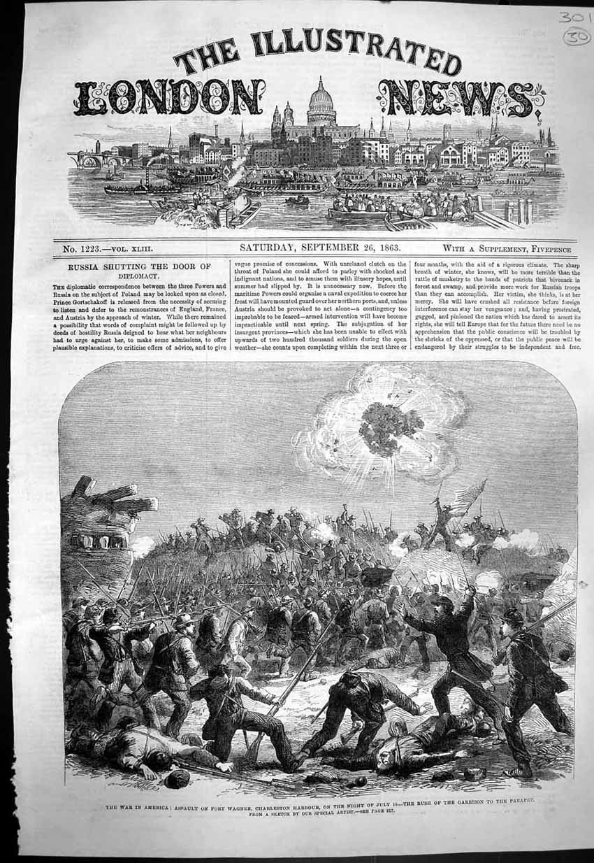 Original Old Antique Print 1863 War America Fort Wagner Charleston Harbour 19th