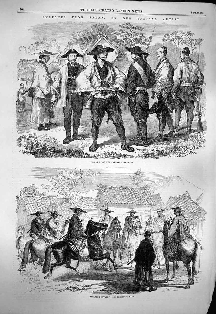 Original Old Antique Print 1863 Japan Levy Japanese Infantry Siers War Horses