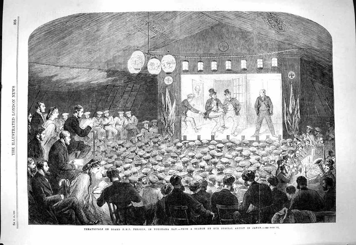 Original Old Antique Print 1863 Theatre Board Ship H.M.S Perseus Yokohama Bay