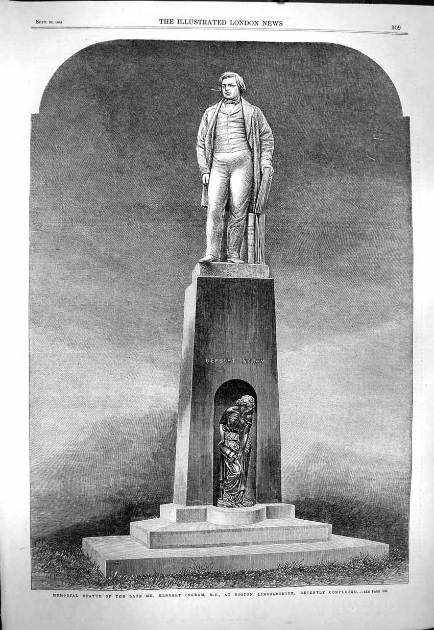 Old Antique Print 1863 Memorial Statue Herbert Ingram Boston Lincolnshire 19th