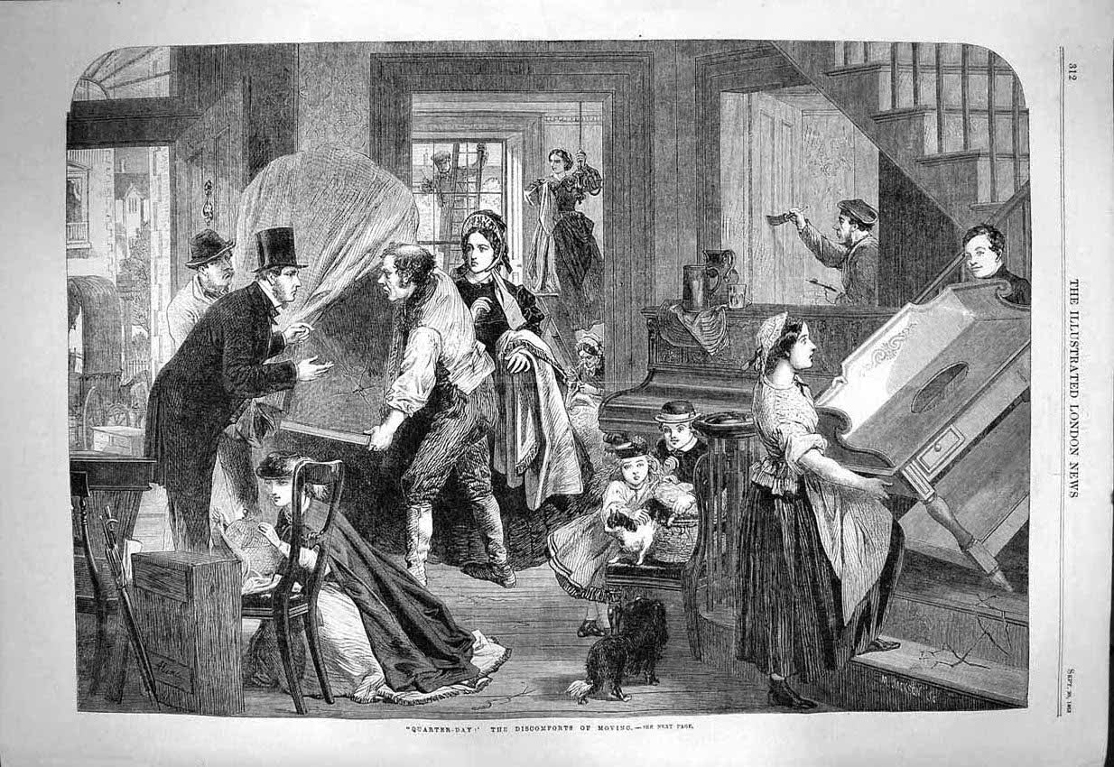 Original Old Antique Print 1863 Quarter Day Discomforts Moving Furniture Home