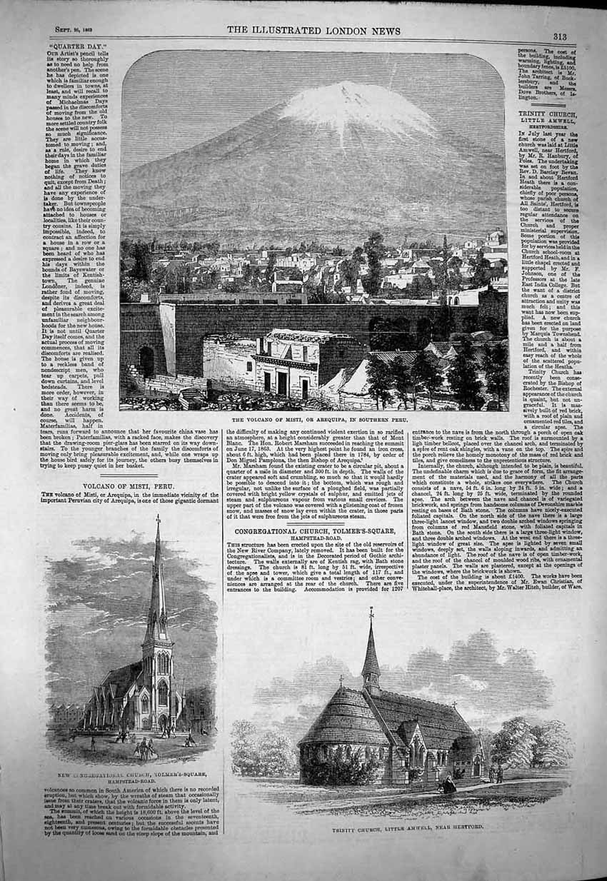 Old Antique Print 1863 Volcano Misti Arequipa Peru Church Hertford Amwell 19th
