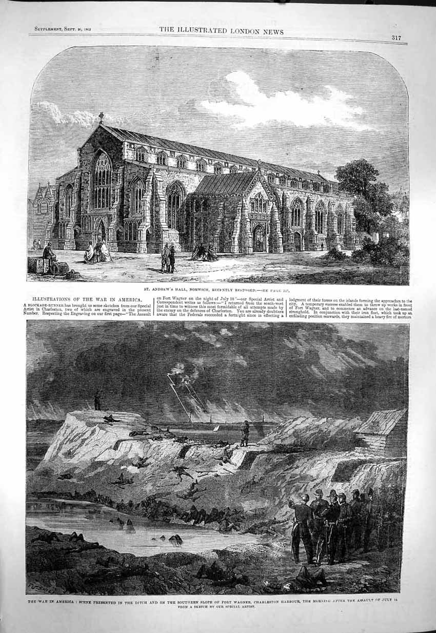 Original Old Antique Print 1863 Andrew'S Hall Norwich War America Fort Wagner