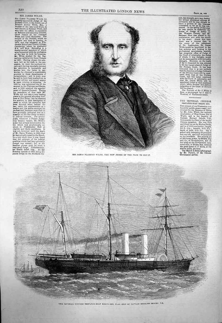 Original Old Antique Print 1863 James Wilde Chinese Despatch Boat Keang-S 19th