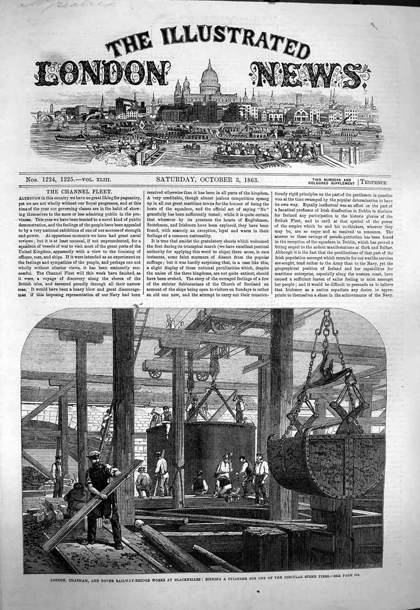 Original Old Antique Print 1863 London Chatham Dover Railway Works Blackfriars