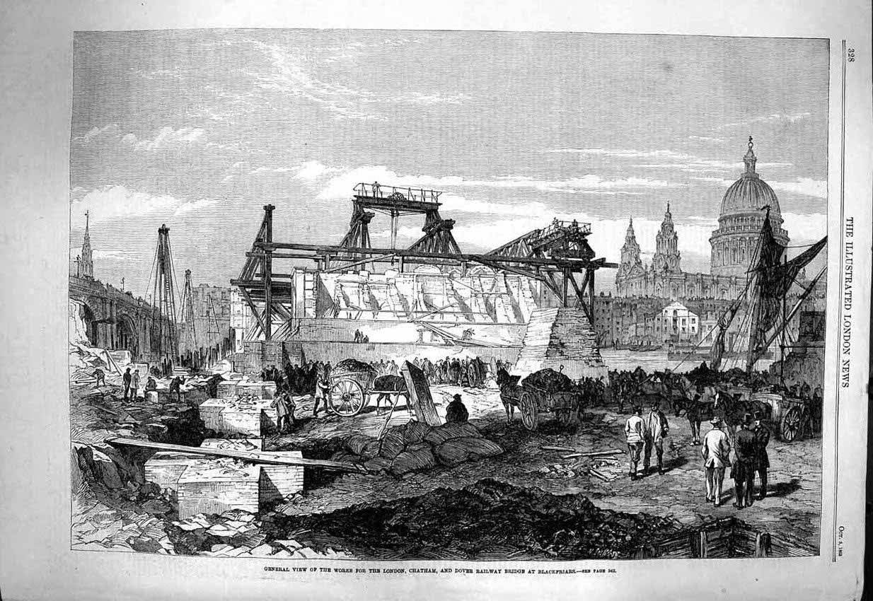 Original Old Antique Print 1863 View Works London Chatham Railway Blackfriars
